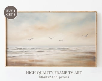 Coastal Ocean Beach Frame TV Art, Neutral Abstract Seascape Painting, Pastel Toned Beach Art for Tv, Vintage Style Summer Screensaver