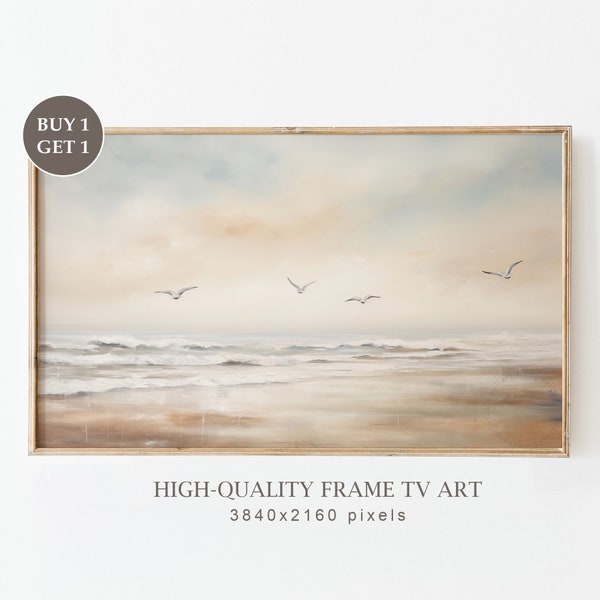 Coastal Ocean Beach Frame TV Art, Neutral Abstract Seascape Painting, Pastel Toned Beach Art for Tv, Vintage Style Summer Screensaver