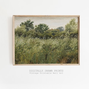 Printable Wildflower Field Landscape Oil Painting, Vintage Farm House, Country Field Landscape Oil Painting Printable, Art Digital Download