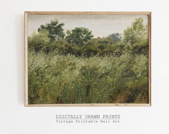 野生の花畑のヴィンテージ風景画、田舎の草原アート（デジタル
