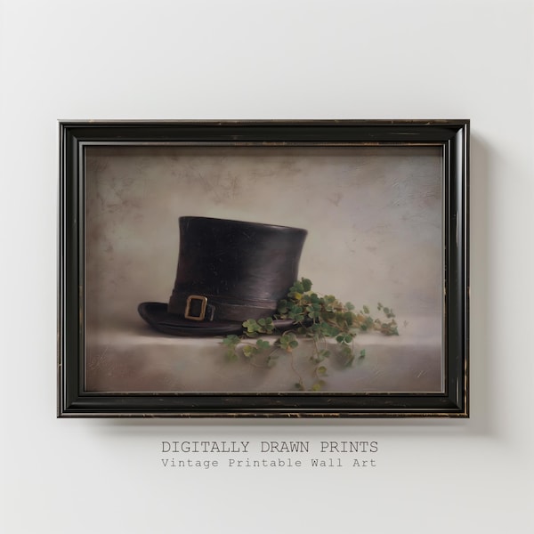 Arte de pared imprimible vintage del Día de San Patricio, estampado de sombrero de copa con trébol neutro, decoración rústica irlandesa, descarga digital