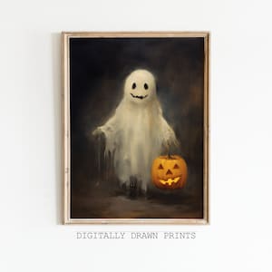 Halloween Printable Wall Art, Vintage Ghost holding a Pumpkin, Dark Academia Wall Art, Moody Halloween Print, Dark Art Digital Download