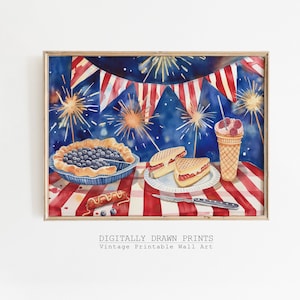 4th of July Picnic Watercolor Art Print, Patriotic Fireworks Wall Art, Independence Day Printable, Americana Home Decor, Digital Download
