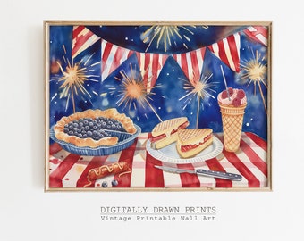 4 juli picknick aquarel Art Print, patriottisch vuurwerk muurkunst, Independence Day afdrukbare, Americana Home Decor, digitale download