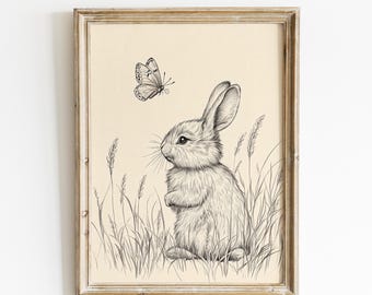 Printable Easter Bunny Sketch, Vintage Rabbit Drawing, Spring Farmhouse Wall Art Digital Download, Spring Print, Rustic Easter Decor Print