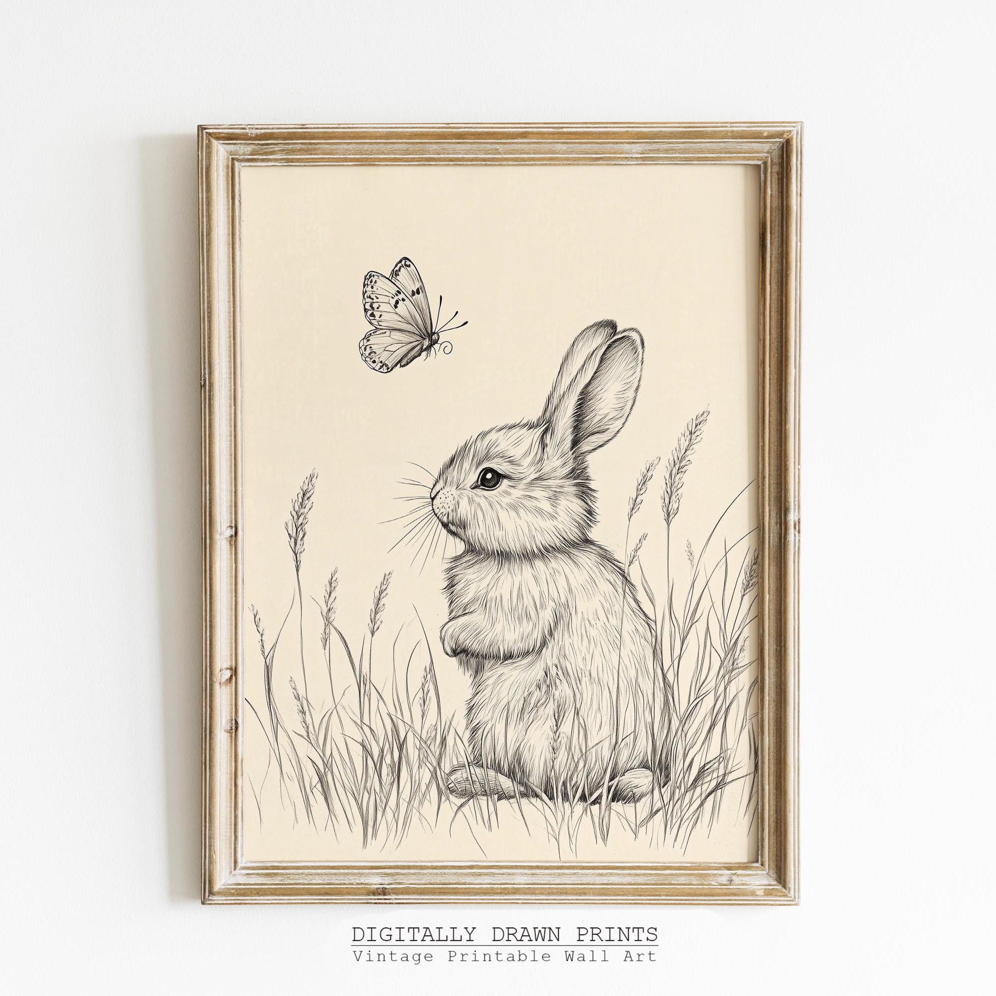 Printable Easter Bunny Sketch, Vintage Rabbit Drawing, Spring