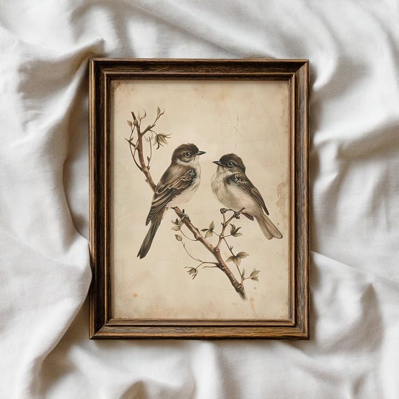 Neutral Summer Bird Printable Wall Art, Vintage Botanical Birds