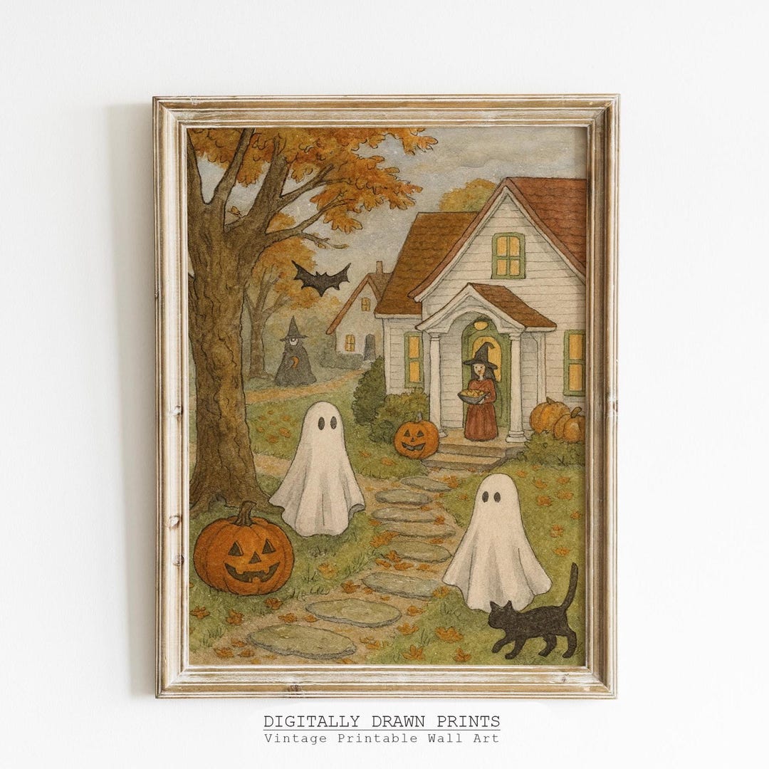 Vintage Halloween Wall Art Printable, Cute Ghosts and Witches Painting ...