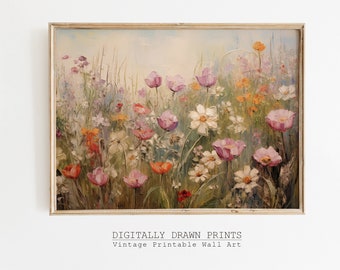 Pode incluir: Uma pintura de estilo vintage que retrata um campo de flores silvestres em tons de rosa, branco e laranja. As flores são pintadas de forma realista com pinceladas visíveis. O fundo é um céu azul suave.