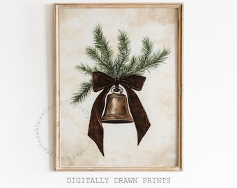 Rustic Christmas Bell Print, Neutral Christmas Printable Wall Art, Vintage Style Seasonable Wall Art, Cottagecore Christmas Decor