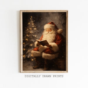 Vintage Christmas Printable Wall Art, Santa Reading Book, Printable Christmas Oil Painting, Farmhouse Decor, Art Digital Download