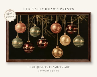 Vintage Christmas Frame TV Art: Burgundy, Sage & Gold Ornaments Painting (Digital Download)