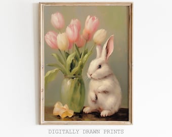 Easter Bunny Printable Wall Art, Spring Bunny Oil Painting, Floral Print, Easter Farmhouse Decor, Cottagore Wall Art, Digital Download