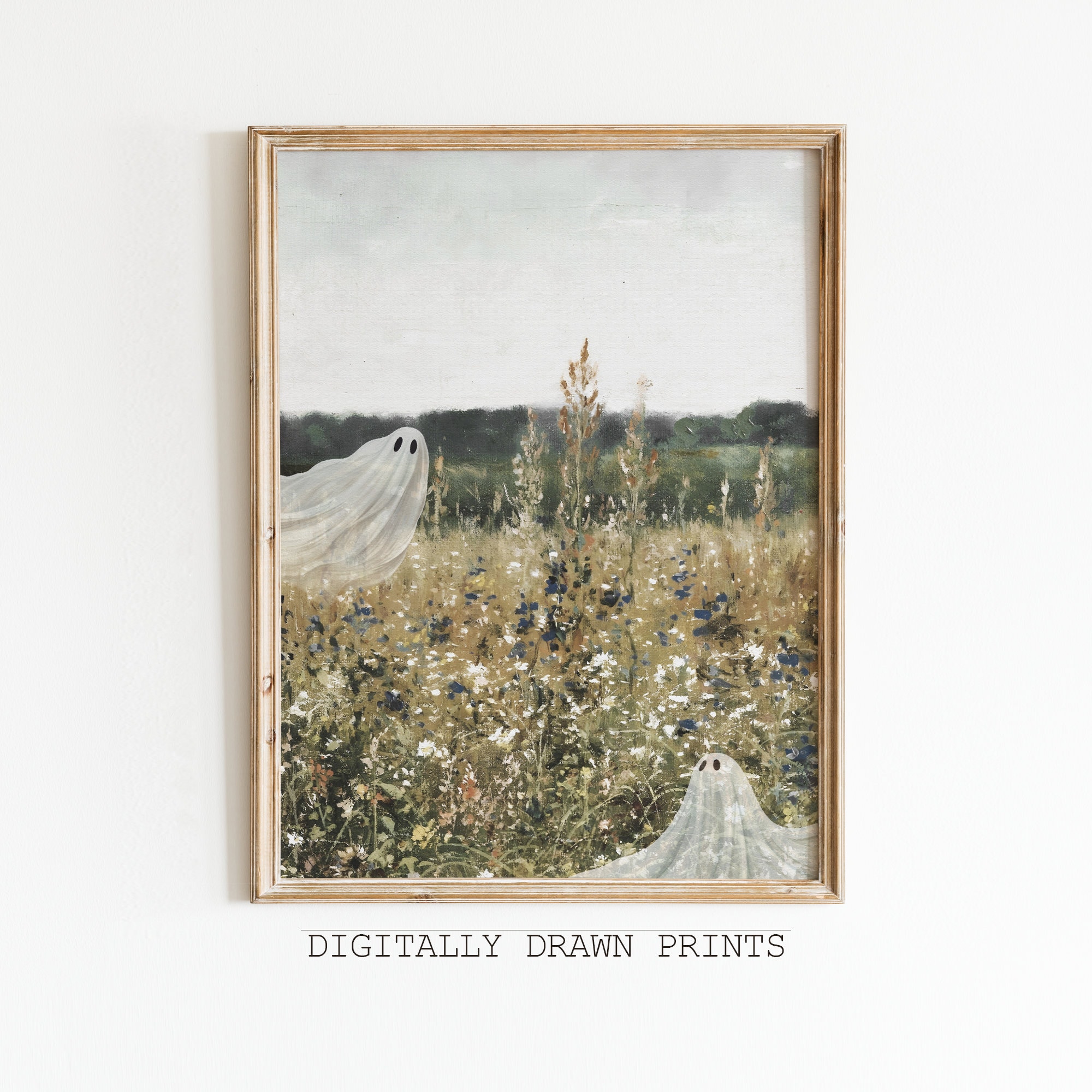 Cute Ghost on a Flower Meadow Vintage Painting | Spooky Farmhouse Halloween Decor | Farmhouse Halloween Art, Digital Download