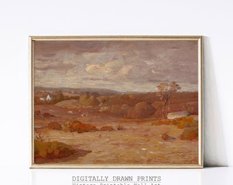 Printable Autumn Field Landscape Oil Painting, Vintage Farm House, Moody Field Landscape Oil Painting Printable, Art Digital Download
