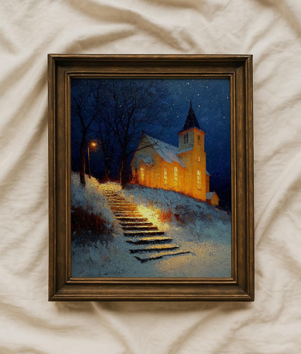 油絵 絵画【クリスマスの教会】 ヴィンテージクリスマス教会絵画：雪の降る冬の風景（デジタル
