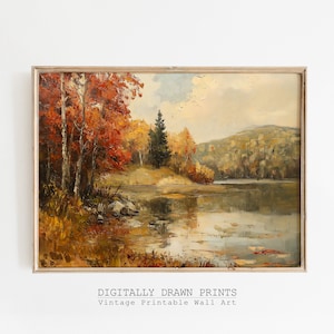 Puede incluir: Una pintura vintage de una escena de lago con follaje otoñal. La pintura presenta un lago con árboles en la orilla y una montaña en el fondo. Los colores son cálidos y acogedores, con tonos de rojo, naranja, amarillo y verde.