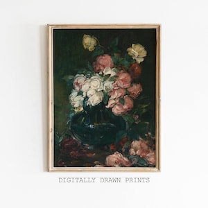Moody Vintage Flower Print, Dark Floral Still Life, Oil Painting, Dark Academia Decor, Digital Antique Art