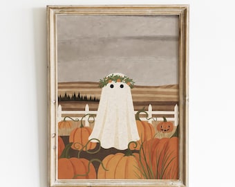 Arte de pared imprimible con un lindo fantasma en un campo de calabazas, arte de pared de Halloween otoñal, decoración de fantasmas otoñales en tonos neutros, descarga instantánea de una casa rústica de campo.