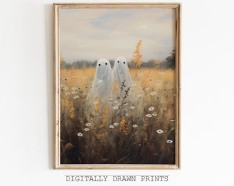 Cute Ghost Art Print, Halloween Autumn Vintage Farm House, Spooky Vintage Halloween, Printable Wall Art, Art Digital Download