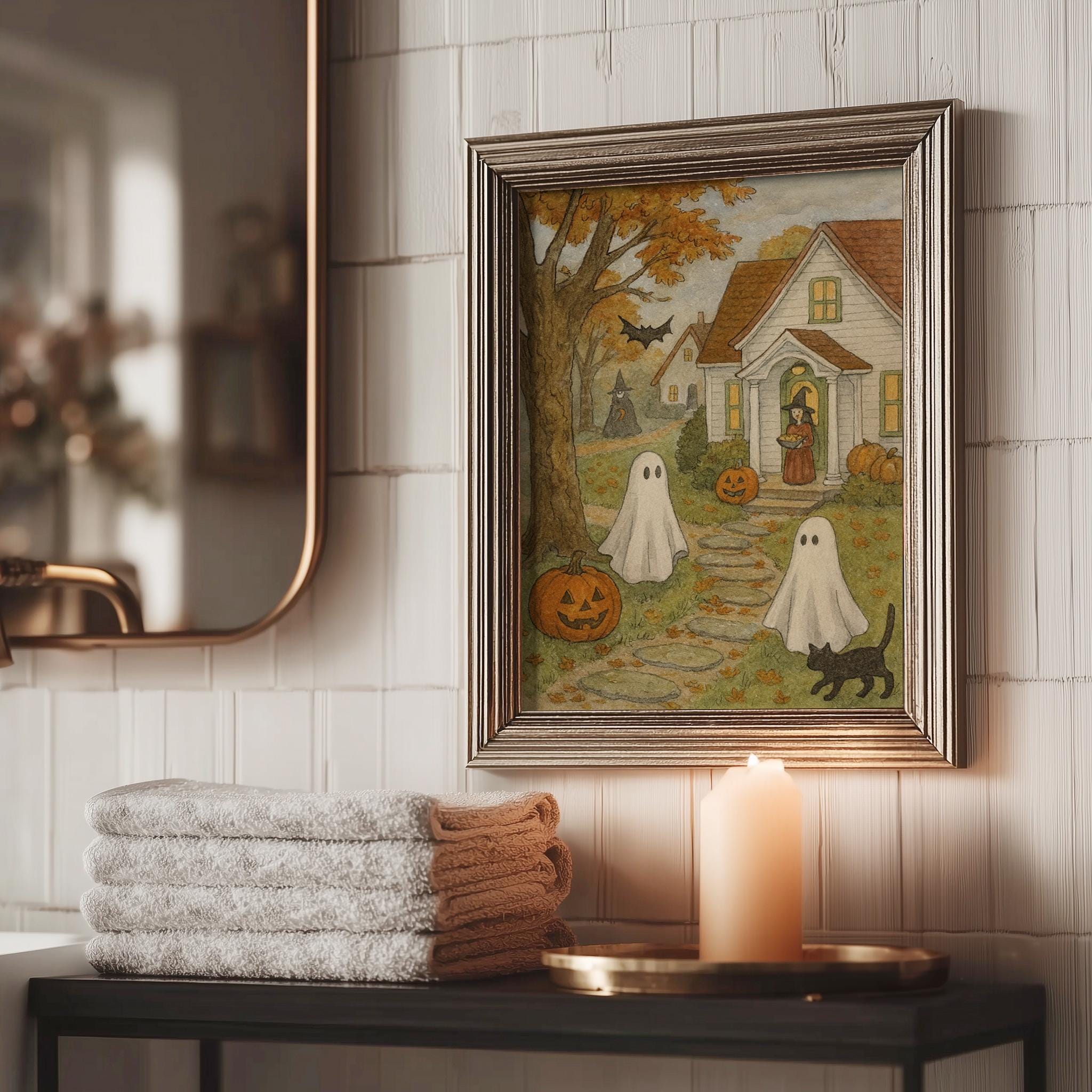 Vintage Halloween Wall Art Printable, Cute Ghosts and Witches Painting ...