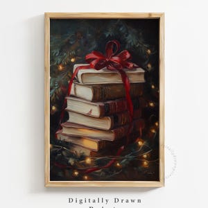 May include: A stack of books wrapped in a red ribbon and adorned with a bow, surrounded by a garland of twinkling lights. The books are set against a dark green background, creating a cozy and festive atmosphere.