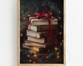 Arte de pared navideño rústico imprimible, impresión navideña vintage, decoración de pared navideña para amantes de los libros, descarga digital de decoración navideña de granja