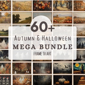 May include: A collage of 60+ digital art prints featuring autumn and Halloween themes. The prints are framed and feature various scenes, including ghosts, pumpkins, skeletons, and autumn foliage. The text "60+ Autumn & Halloween MEGA BUNDLE FRAME TV ART" is displayed in the centre of the collage.