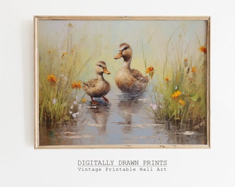Ostern Entlein druckbare Wandkunst, niedliche Frühling Ente Druck, Oster Bauernhaus Dekor, Frühling Vintage Ölgemälde, digitaler Download