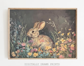 May include: A vintage illustration of a brown rabbit sitting in a field of colorful wildflowers. The rabbit is looking to the left, and the background is a soft, muted gray.