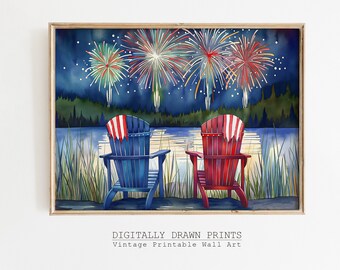 4th of July Patriotic Watercolor Art Print, Adirondack Chairs by the Lake, Forth of July Independence Day Printable, Digital Download