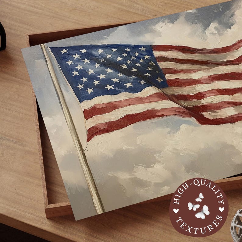 Vintage 4th of July Printable Wall Art Print, Muted American Flag Oil ...