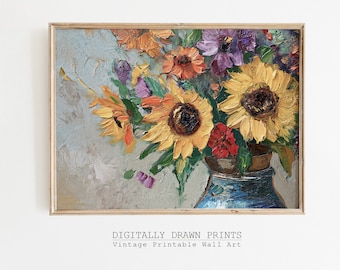 May include: A painting of a bouquet of sunflowers and other flowers in a blue vase. The flowers are painted in a realistic style with thick brushstrokes. The background is a light blue with a textured effect.
