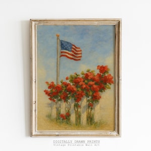 Vintage 4th Of July Printable Wall Art, Neutral Patriotic Flag With Roses Print, Americana Summer Garden Painting, Independence Day Decor