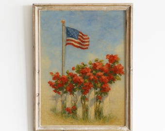 Arte de parede vintage para impressão do 4 de julho, bandeira patriótica neutra com estampa de rosas, pintura americana de jardim de verão, decoração do Dia da Independência
