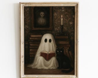 Arte de pared vintage de Halloween imprimible, pintura digital espeluznante de un lindo fantasma y un gato negro, impresión de Halloween, decoración de Dark Academia