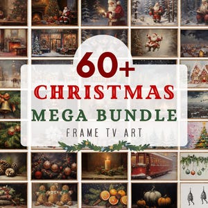 May include: A collage of 60+ Christmas themed images, featuring a variety of winter scenes, including snowmen, ornaments, and holiday decorations. The text "60+ CHRISTMAS MEGA BUNDLE FRAME TV ART" is displayed in the center of the image.