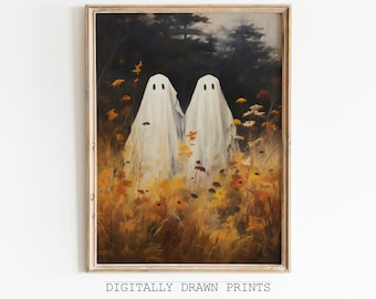 Cute Ghost Art Print, Halloween Autumn Vintage Farm House, Spooky Vintage Halloween, Printable Wall Art, Art Digital Download