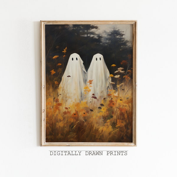 Cute Ghost Art Print, Halloween Autumn Vintage Farm House, Spooky Vintage Halloween, Printable Wall Art, Art Digital Download