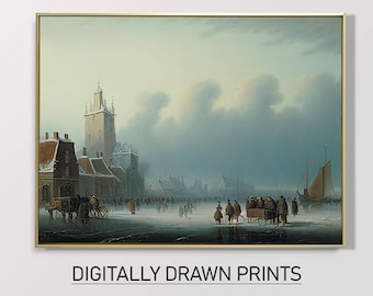 Vintage Landscape Oil Painting, Moody European Village Wall Art, French Farmhouse Wall Decor, Digital Download