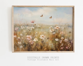 Printable Wildflower Field Landscape Butterfly Vintage Oil Painting, Neutral Spring Print, Farmhouse Wall Art, Digital Download