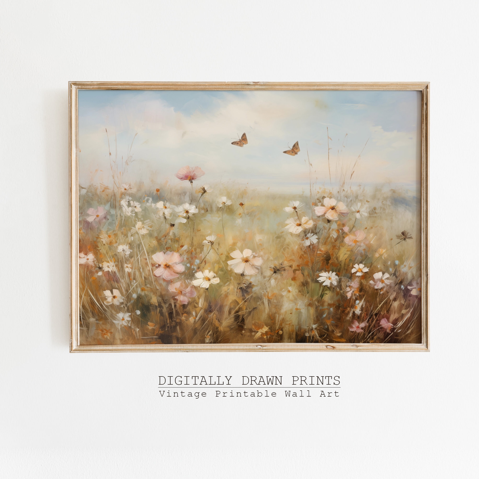 Printable Wildflower Field Landscape Butterfly Vintage Oil Painting ...