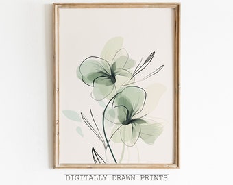 Arte Botânica de Parede | arte de parede verde sábio | Ilustração floral | Impressão de arte Boho | Parede Boho Ar| flores do verde prudente pôster | Impressão digital
