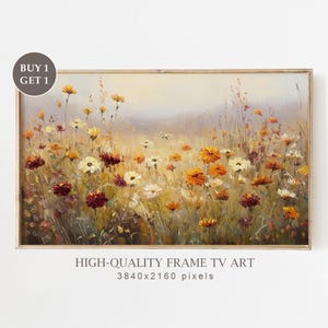 May include: A framed floral painting featuring a field of wildflowers in shades of yellow, orange, white, and burgundy. The artwork is set against a soft, blurred background. The text "HIGH-QUALITY FRAME TV ART" and pixel dimensions are displayed.