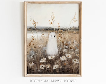 Cute Ghost on a Flower Meadow Vintage Painting, Spooky Farmhouse Halloween Decor, Ghost Halloween Edition, Art Digital Download