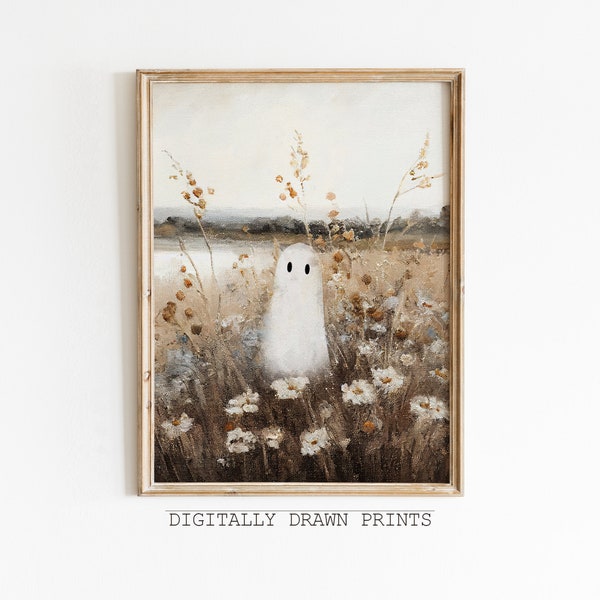 Cute Ghost on a Flower Meadow Vintage Painting, Spooky Farmhouse Halloween Decor, Ghost Halloween Edition, Art Digital Download