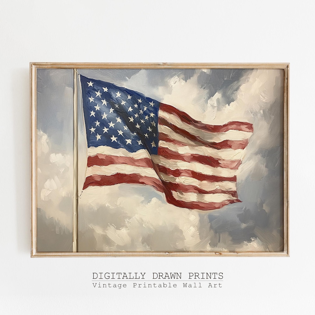 Vintage 4th of July Printable Wall Art Print, Muted American Flag Oil ...
