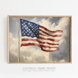 Vintage 4th of July Printable Wall Art Print, Muted American Flag Oil Painting, Rustic Patriotic Americana Decor Digital Download