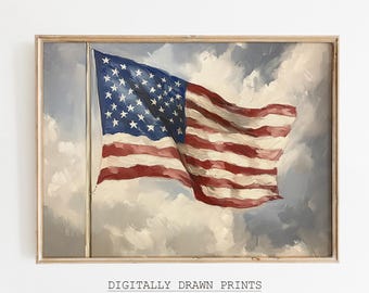 Vintage 4th of July Printable Wall Art Print, Muted American Flag Oil Painting, Rustic Patriotic Americana Decor Digital Download