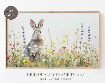 Paashaas Samsung Frame TV Art, Spring Bunny Rabbit TV Art, Easter Farmhouse Decor, Country Wildflowers TV Art, Digitale Download